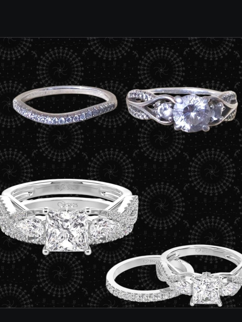 925 Jeulia Classic Twist Custom Round Three Stone Ring & Eternity Wedding Band